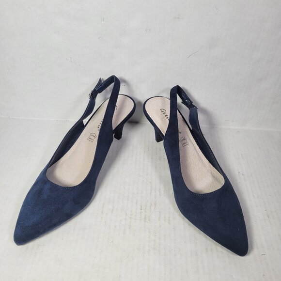 Crestbon Women Navy Blue Pointed-Toe Slingback Kitten Heel Suede Heels Size 7.5 - Picture 4 of 8